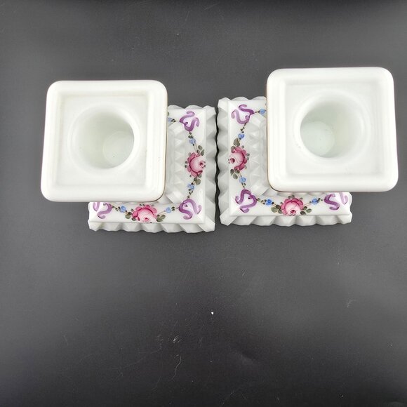 Westmoreland Milk Glass Hand-Painted Floral Candlestick Holders READ - Picture 3 of 7